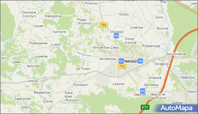 mapa Wincentów gmina Piekoszów, Wincentów gmina Piekoszów na mapie Targeo