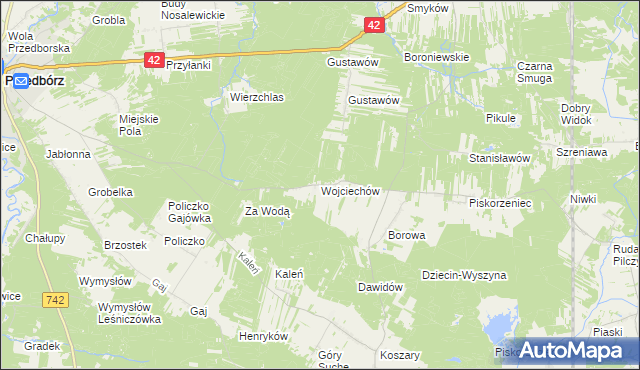 mapa Wojciechów gmina Przedbórz, Wojciechów gmina Przedbórz na mapie Targeo