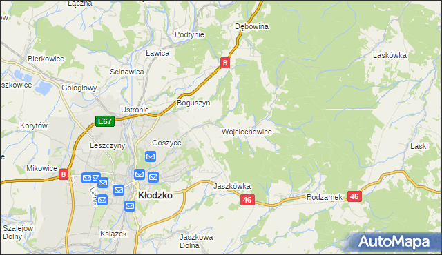 mapa Wojciechowice gmina Kłodzko, Wojciechowice gmina Kłodzko na mapie Targeo
