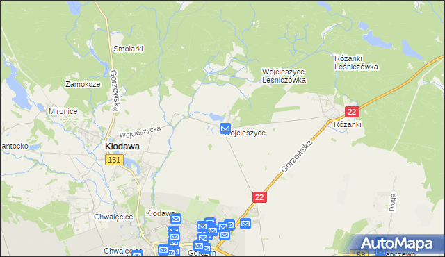 mapa Wojcieszyce gmina Kłodawa, Wojcieszyce gmina Kłodawa na mapie Targeo