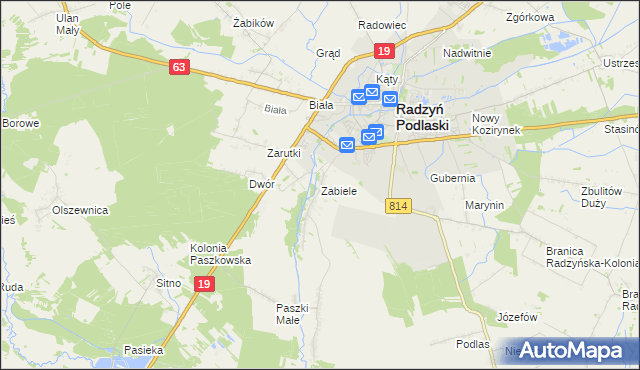 mapa Zabiele gmina Radzyń Podlaski, Zabiele gmina Radzyń Podlaski na mapie Targeo