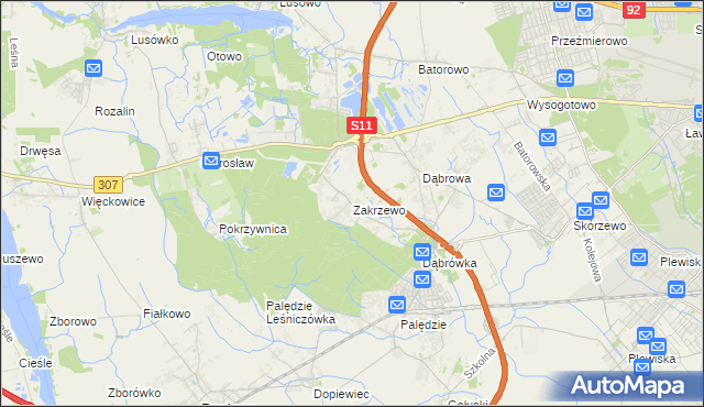 mapa Zakrzewo gmina Dopiewo, Zakrzewo gmina Dopiewo na mapie Targeo