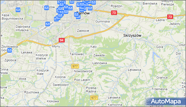 mapa Zawada gmina Tarnów, Zawada gmina Tarnów na mapie Targeo