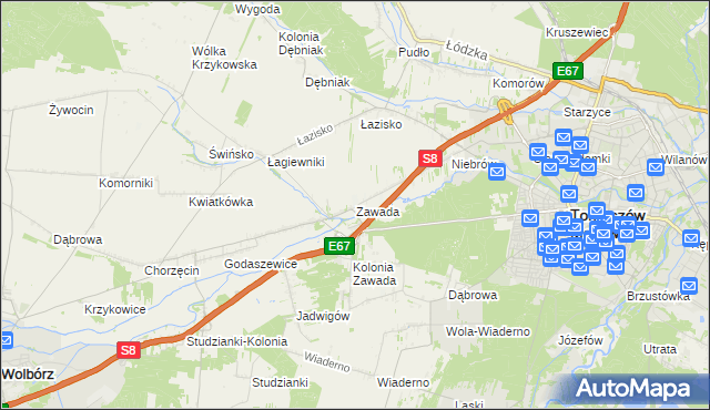 mapa Zawada gmina Tomaszów Mazowiecki, Zawada gmina Tomaszów Mazowiecki na mapie Targeo