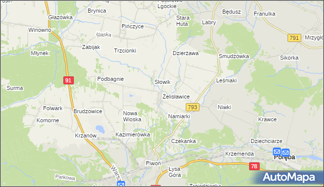 mapa Żelisławice gmina Siewierz, Żelisławice gmina Siewierz na mapie Targeo