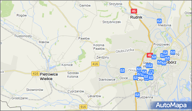 mapa Żerdziny gmina Pietrowice Wielkie, Żerdziny gmina Pietrowice Wielkie na mapie Targeo