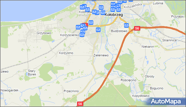 mapa Zieleniewo gmina Kołobrzeg, Zieleniewo gmina Kołobrzeg na mapie Targeo