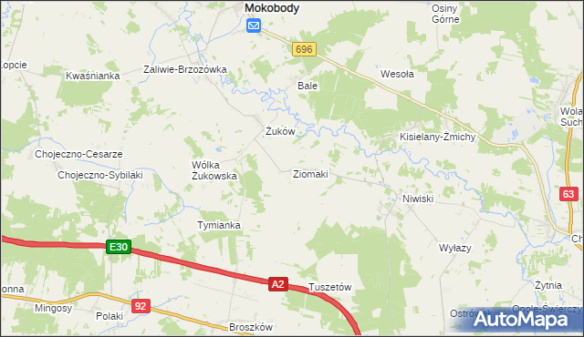 mapa Ziomaki gmina Mokobody, Ziomaki gmina Mokobody na mapie Targeo