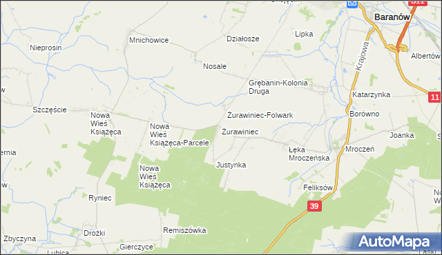 mapa Żurawiniec gmina Baranów, Żurawiniec gmina Baranów na mapie Targeo