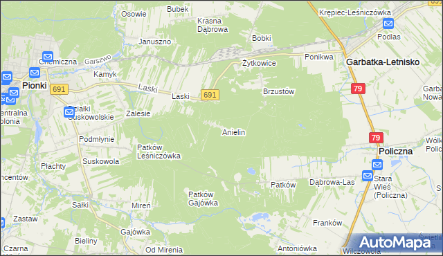 mapa Anielin gmina Garbatka-Letnisko, Anielin gmina Garbatka-Letnisko na mapie Targeo