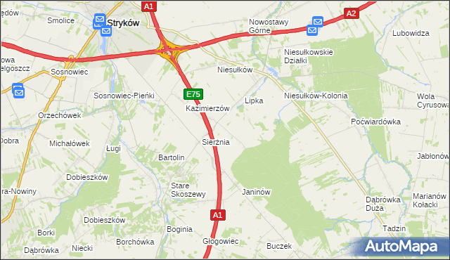 mapa Anielin gmina Stryków, Anielin gmina Stryków na mapie Targeo