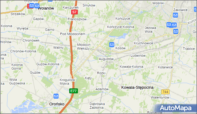 mapa Augustów gmina Kowala, Augustów gmina Kowala na mapie Targeo