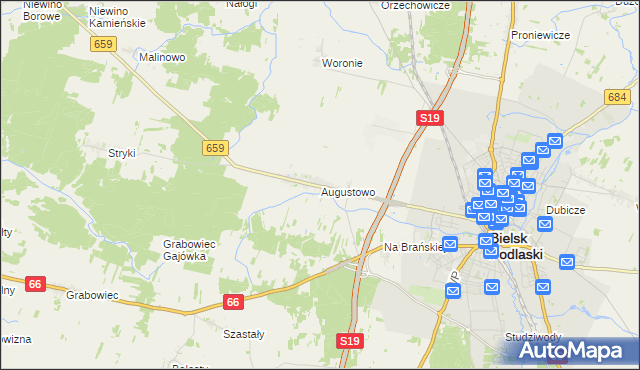 mapa Augustowo gmina Bielsk Podlaski, Augustowo gmina Bielsk Podlaski na mapie Targeo