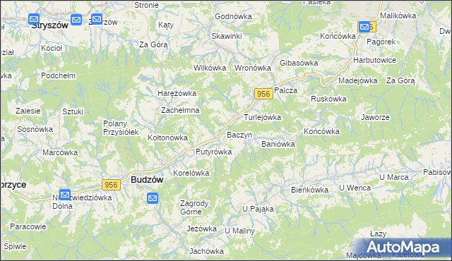 mapa Baczyn gmina Budzów, Baczyn gmina Budzów na mapie Targeo