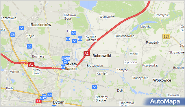 mapa Bobrowniki powiat będziński, Bobrowniki powiat będziński na mapie Targeo