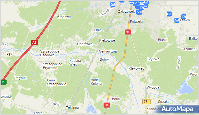 mapa Bobry gmina Radomsko, Bobry gmina Radomsko na mapie Targeo
