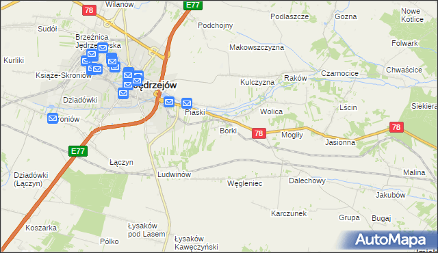 mapa Borki gmina Jędrzejów, Borki gmina Jędrzejów na mapie Targeo