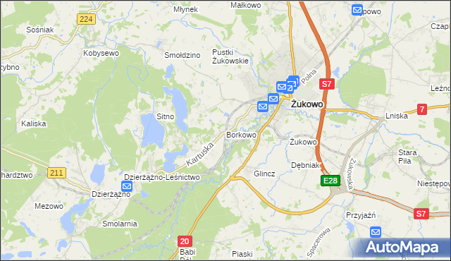 mapa Borkowo gmina Żukowo, Borkowo gmina Żukowo na mapie Targeo