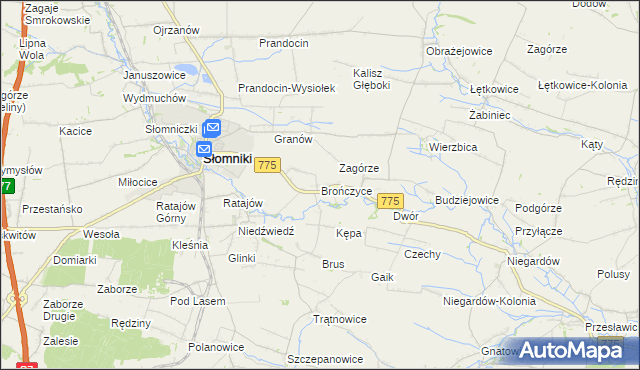 mapa Brończyce gmina Słomniki, Brończyce gmina Słomniki na mapie Targeo