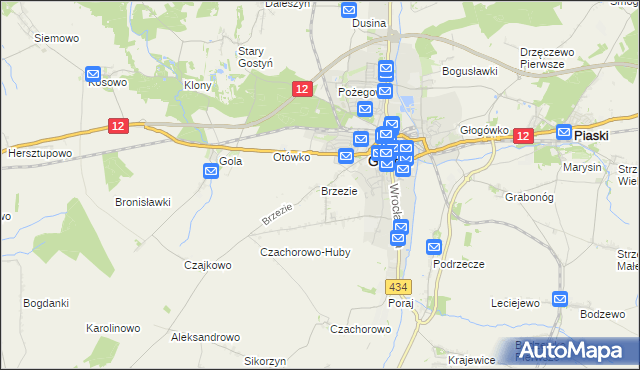 mapa Brzezie gmina Gostyń, Brzezie gmina Gostyń na mapie Targeo