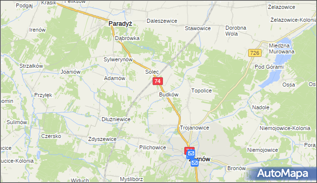 mapa Budków gmina Żarnów, Budków gmina Żarnów na mapie Targeo