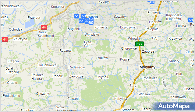 mapa Buków gmina Mogilany, Buków gmina Mogilany na mapie Targeo