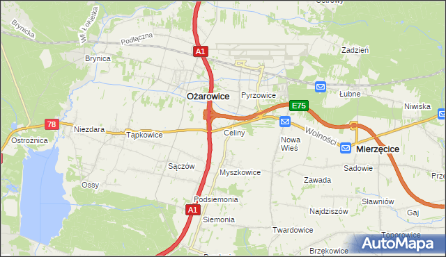 mapa Celiny gmina Ożarowice, Celiny gmina Ożarowice na mapie Targeo