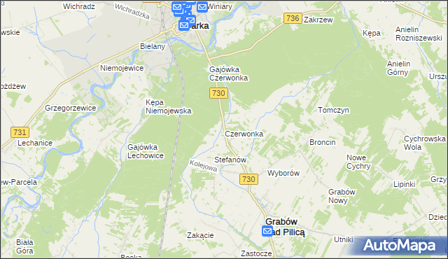 mapa Czerwonka gmina Grabów nad Pilicą, Czerwonka gmina Grabów nad Pilicą na mapie Targeo