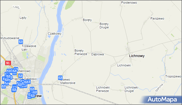 mapa Dąbrowa gmina Lichnowy, Dąbrowa gmina Lichnowy na mapie Targeo