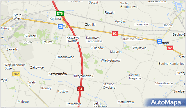 mapa Daninów gmina Krzyżanów, Daninów gmina Krzyżanów na mapie Targeo