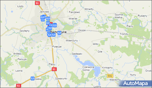 mapa Dębówko gmina Bartoszyce, Dębówko gmina Bartoszyce na mapie Targeo