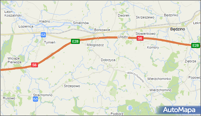 mapa Dobrzyca gmina Będzino, Dobrzyca gmina Będzino na mapie Targeo