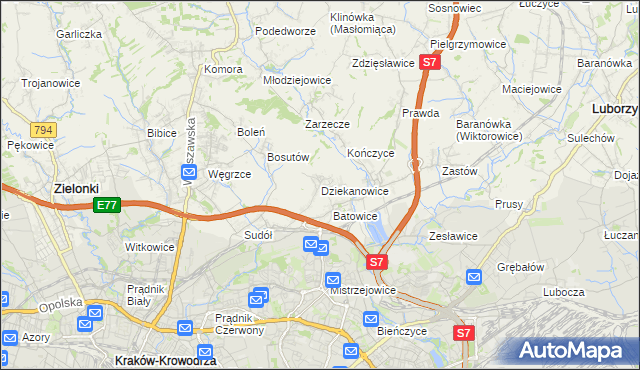 mapa Dziekanowice gmina Zielonki, Dziekanowice gmina Zielonki na mapie Targeo