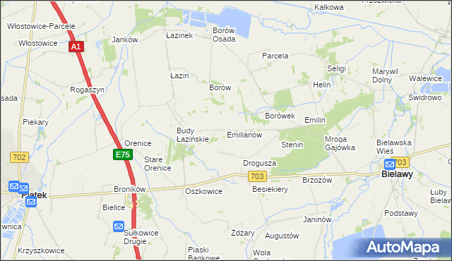 mapa Emilianów gmina Bielawy, Emilianów gmina Bielawy na mapie Targeo
