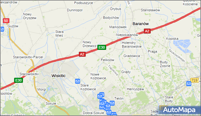 mapa Feliksów gmina Wiskitki, Feliksów gmina Wiskitki na mapie Targeo