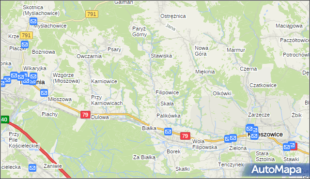 mapa Filipowice gmina Krzeszowice, Filipowice gmina Krzeszowice na mapie Targeo