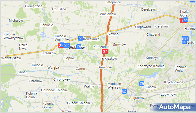 mapa Franciszków gmina Wolanów, Franciszków gmina Wolanów na mapie Targeo