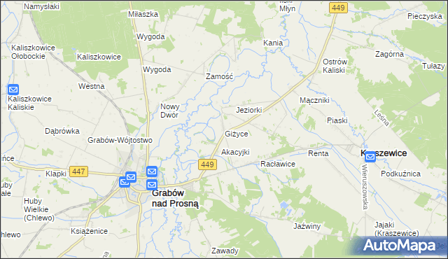 mapa Giżyce gmina Grabów nad Prosną, Giżyce gmina Grabów nad Prosną na mapie Targeo