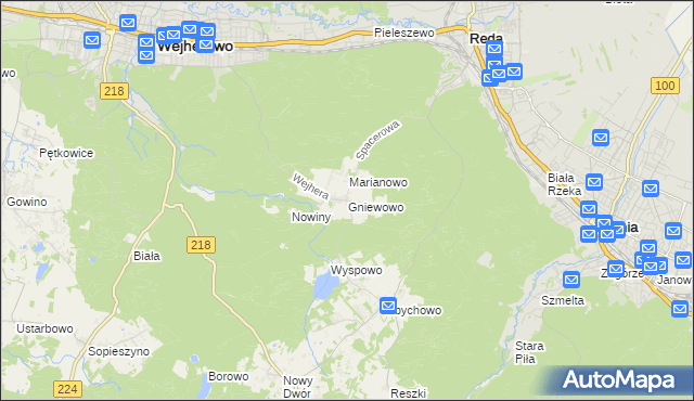 mapa Gniewowo gmina Wejherowo, Gniewowo gmina Wejherowo na mapie Targeo