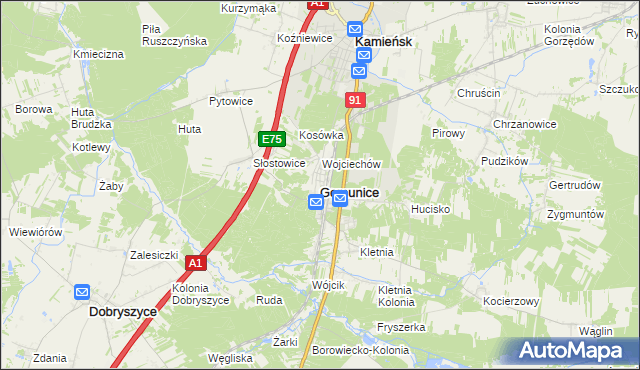 mapa Gomunice, Gomunice na mapie Targeo