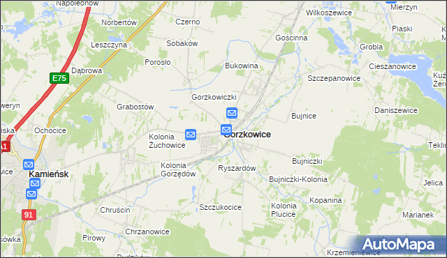 mapa Gorzkowice, Gorzkowice na mapie Targeo