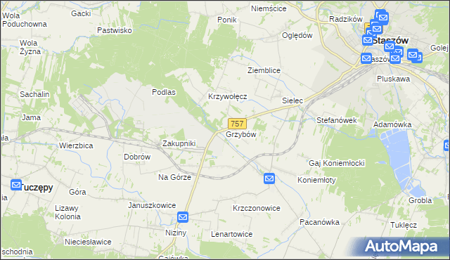 mapa Grzybów gmina Staszów, Grzybów gmina Staszów na mapie Targeo