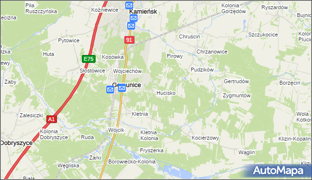 mapa Hucisko gmina Gomunice, Hucisko gmina Gomunice na mapie Targeo