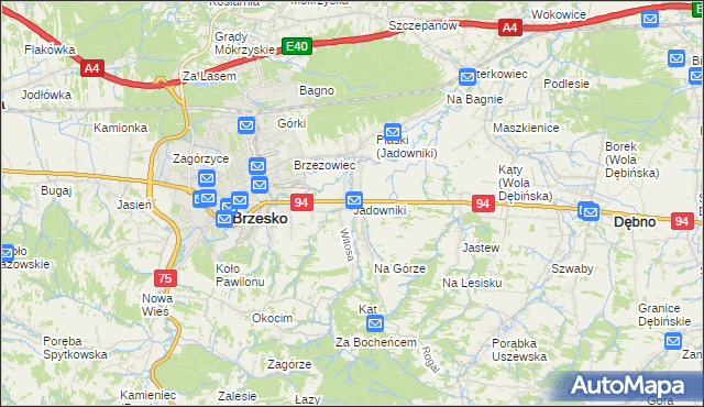 mapa Jadowniki gmina Brzesko, Jadowniki gmina Brzesko na mapie Targeo