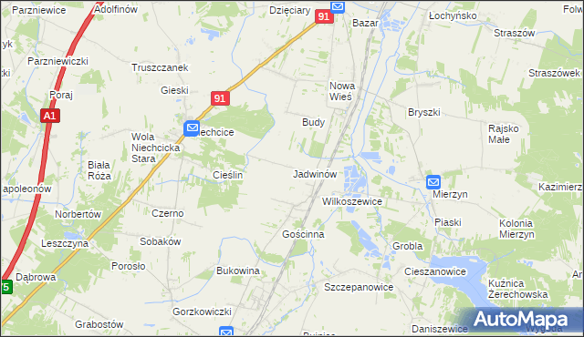 mapa Jadwinów gmina Gorzkowice, Jadwinów gmina Gorzkowice na mapie Targeo