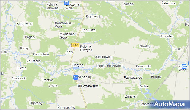 mapa Jakubowice gmina Kluczewsko, Jakubowice gmina Kluczewsko na mapie Targeo