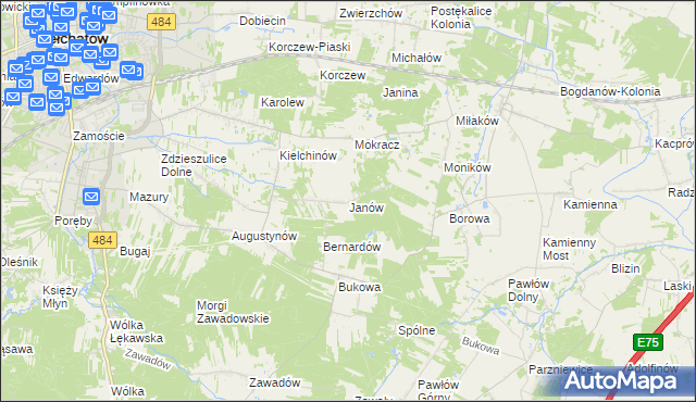 mapa Janów gmina Bełchatów, Janów gmina Bełchatów na mapie Targeo