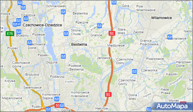 mapa Janowice gmina Bestwina, Janowice gmina Bestwina na mapie Targeo