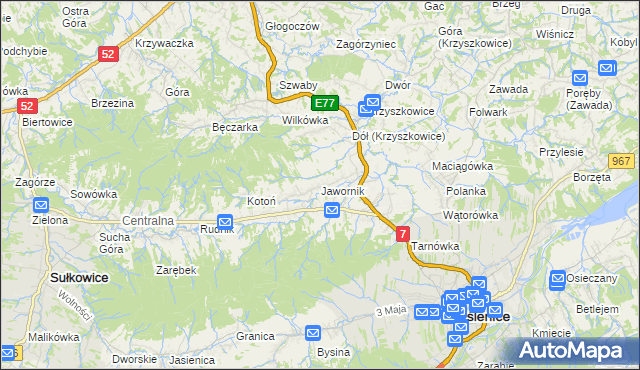 mapa Jawornik gmina Myślenice, Jawornik gmina Myślenice na mapie Targeo