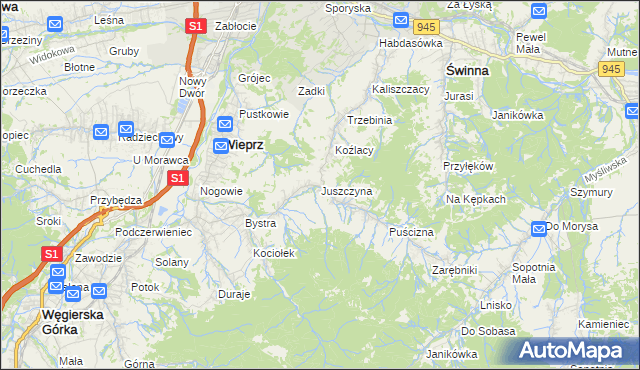 mapa Juszczyna, Juszczyna na mapie Targeo